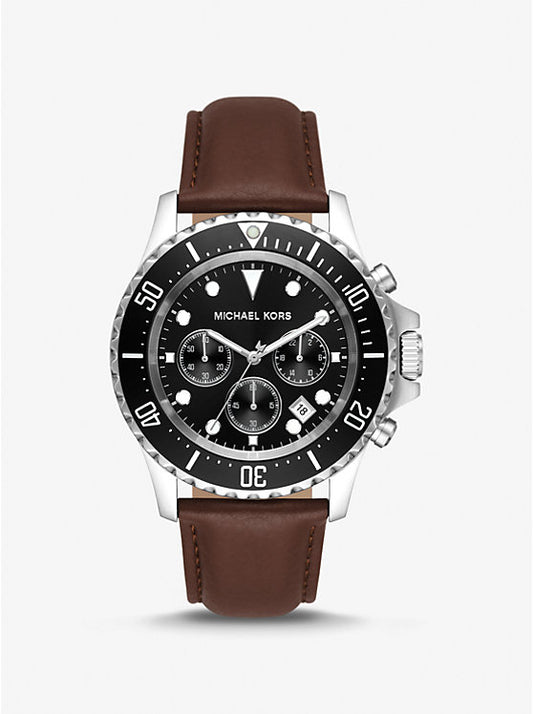 Oversized Everest Silver-Tone and Leather Watch